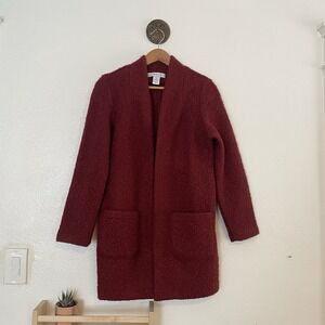 Carole Wren Teddy Boucle Open‎ Front Burgundy Coat Jacket Medium Sherpa Style